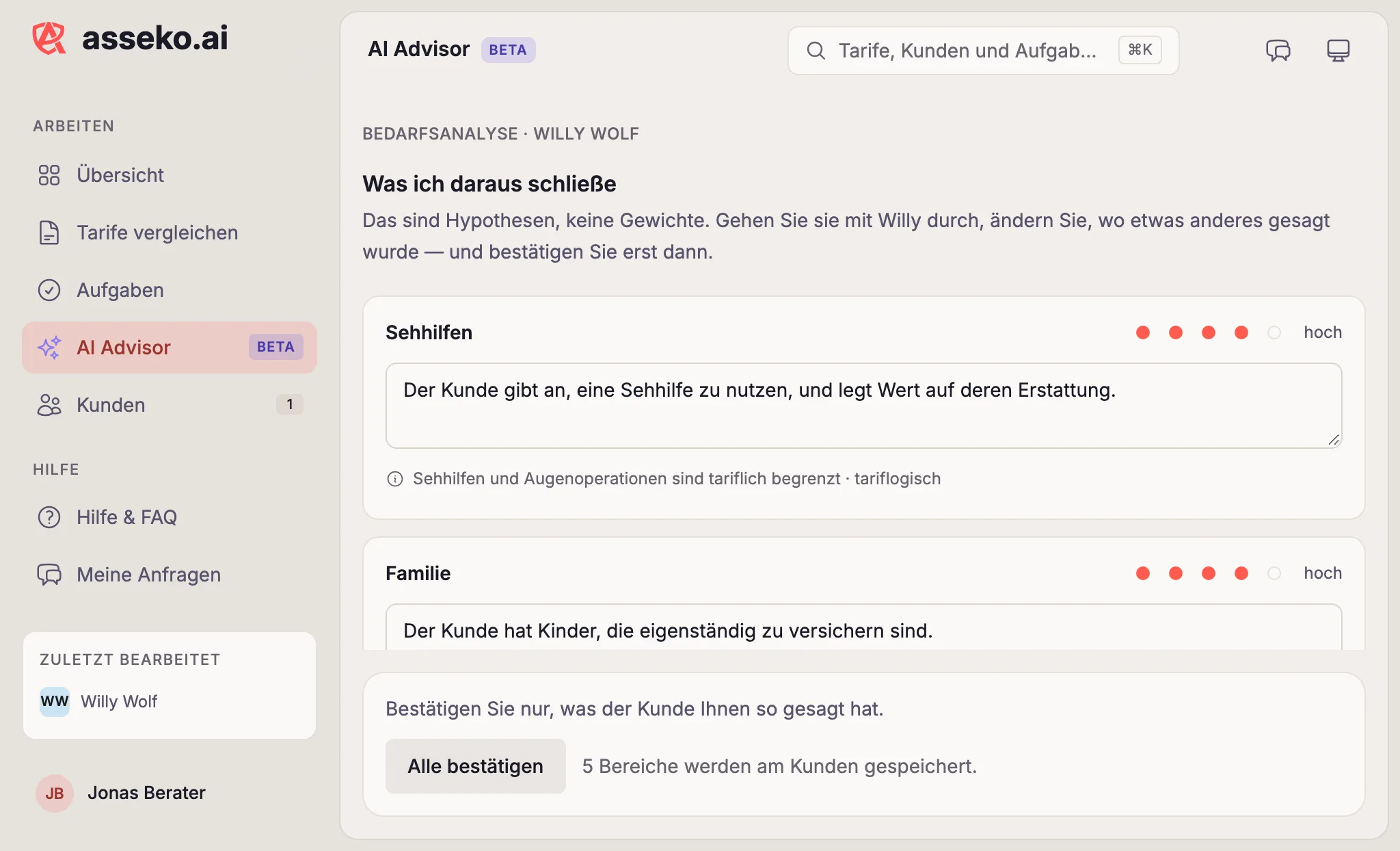 Hypothesentabelle der Bedarfsanalyse mit änderbarer Gewichtung und Begründung