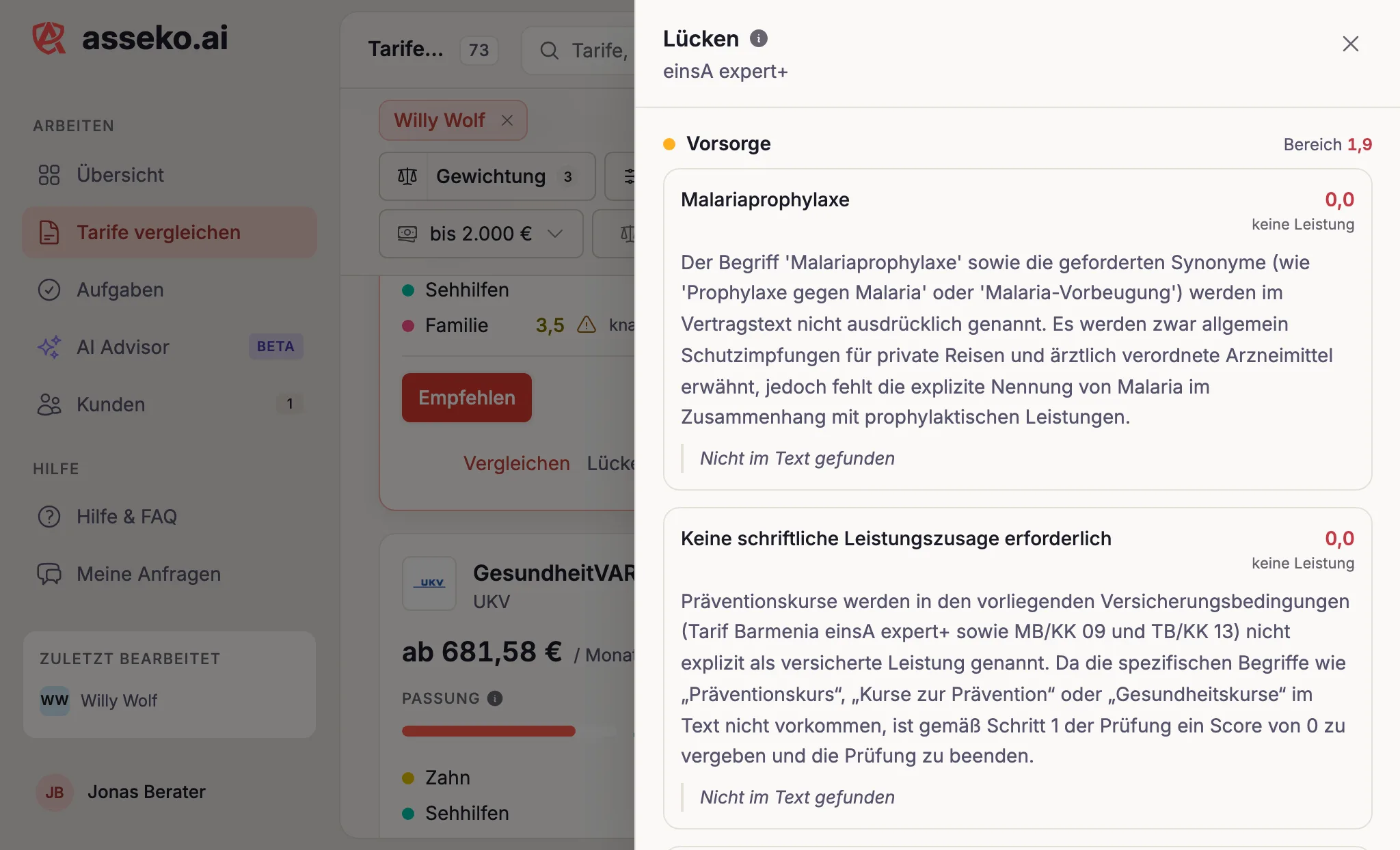 Die Lücken eines Tarifs, nach Leistungsbereich gruppiert, mit Begründung