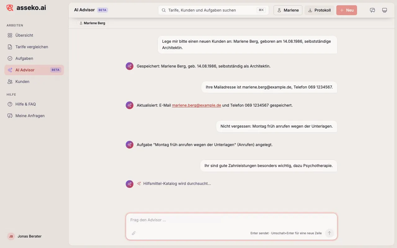 Ein Gespräch im AI Advisor, aus dem ein Kunde mit Stammdaten, Aufgabe und Bedarf entstanden ist