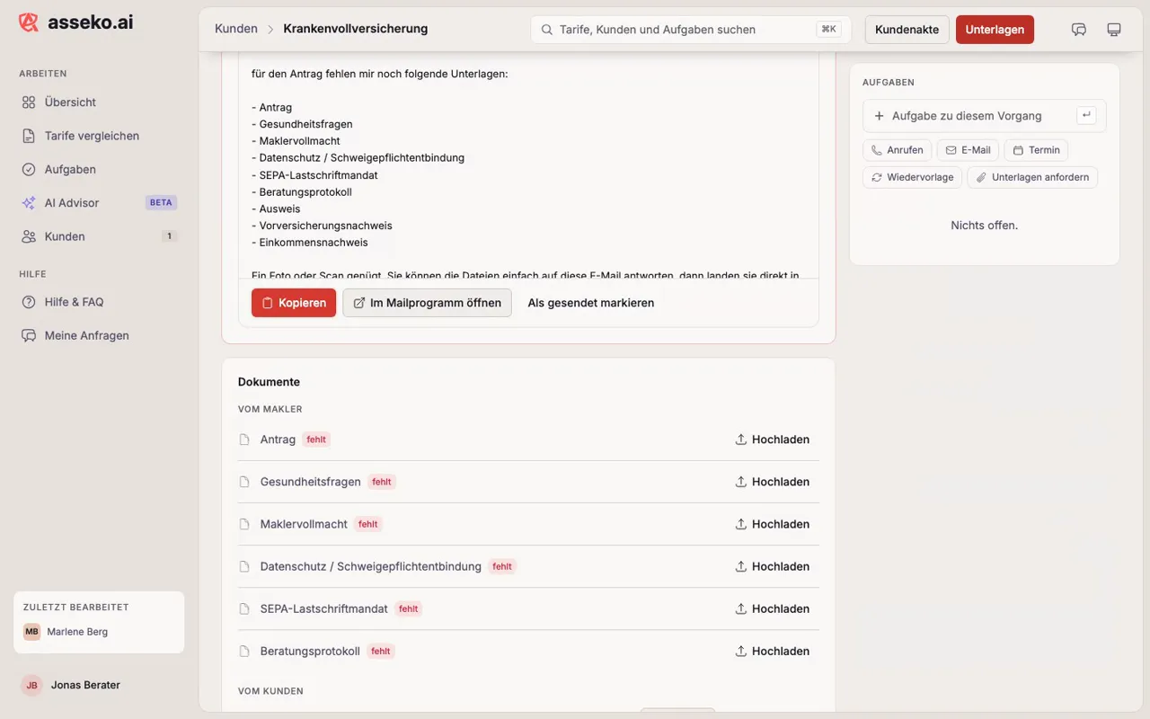 Ein Vorgang mit dem Schritt, der ansteht, dem fertigen Mail-Entwurf und der Unterlagenliste